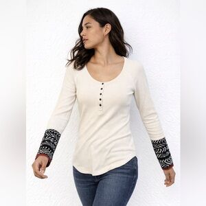 Y2K Free People Women's Cream Top Patterned Cuffs Size M Thermal Long Sleeves